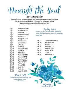 a blue and white poster with the words,'nourish the soul daily reading plan