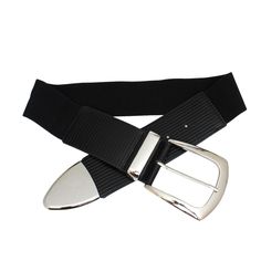 Women's Wide Belt Black Croc Texture Vegan Faux Leather and Black Stretch Canvas Belt Featuring Large Silver Metal Belt Buckle. Full Belt measures 38" when laid flat. 2.5" wide. Buckle measures 4" x 3.65". Belt adjusts from 26" to 36" with notches, plus additional with stretch. Black Belt For Workwear, Fitted Black Belt For Workwear, Chic Black Belts, Elegant Black Belt For Night Out, Chic Black Belt For Fall, Elegant Adjustable Belts For Fall, Black Fitted Belt For Night Out, Black Belt For Fall Party, Black Belt For Party In Fall