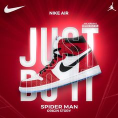 the nike air just do it spider man shoe is on display in front of a red background