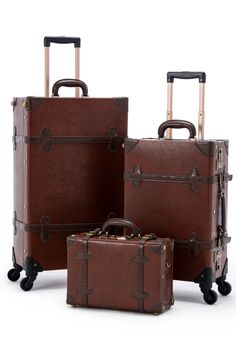 Like all our spinner suitcase, this luggage set boasts the modern amenities of an extendable trolley handle, pu leather straps, two rose gold combined locks and four silent-glide spinner wheels for elegant mobility. Brown Luggage, 3 Piece Luggage Set, Leather Suitcase, Vintage Suitcase, Vintage Luggage, Bag Suitcase, Carry On Suitcase, Train Case, Caramel Brown