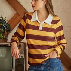 Polo Neck Stripped Tee Cheap Casual Striped Polo Shirt, Casual Yellow Top With Striped Collar, College Girls Outfit, Mean Girls Costume, College Girl Outfits, Long Sleeve Workout Shirt, Long Sleeve Workout, Striped Polo Shirt, Striped Sleeve