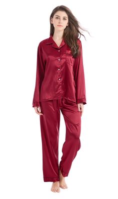 PRICES MAY VARY. High quality satin silk like women's pajamas Nicely tailored Satin Pajama Set with one front pocket on chest. Light weight material with silky feel sleepwear for comfy night sleep. Great gift for family or friend. New dark colored fabric will lose floating color from its surface, especially black. We suggest you wash your new satin products before wearing. If possible, please use neutral detergent to wash, soap or alkaline detergent may increase fading. Wash separately or with l Pijama Satin, Luxury Sleepwear, Pyjama Satin, Pajama Suit, Silk Pajama Set, Soft Pajamas, Night Suit, Satin Pyjama Set, Womens Pyjama Sets