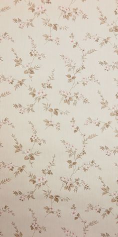 a white and brown floral wallpaper with small pink flowers on the bottom half of it