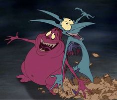 two cartoon characters are in the middle of an animated scene with one holding on to another character