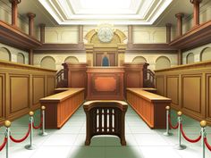 an empty courtroom with wooden benches and red ropes on the floor, in front of a clock