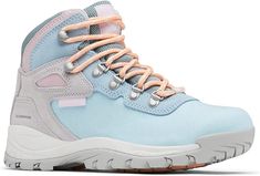 a pair of blue and pink hiking boots