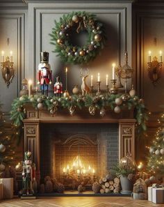 a fireplace decorated for christmas with candles and decorations on it, surrounded by presents in front of a nutcracker figurine