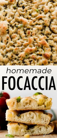 homemade focaccia bread is stacked on top of each other