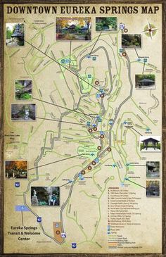 a map showing the location of downtown eureka springs and its surrounding area, including several parks