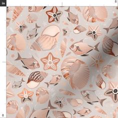 an abstract pattern with seashells and starfish on a light gray background, suitable for wallpaper or fabric