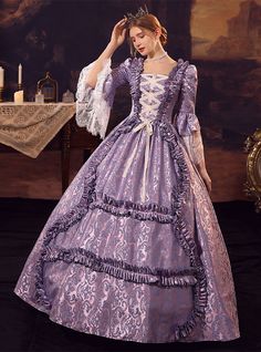 This gown does not require a hoop skirt and also drops beautifully to the floor in late 1870s style,43 inches (109 cm) long from midsection to hem at front, 60 inches (152cm) at back Gothic Victorian Dresses, Victorian Era Dresses, Baroque Dress, Tudor Dress, 18th Century Costume, Princess Prom Dresses, Period Dress, Purple Prom Dress, Retro Costume