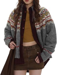 Embrace vintage charm with the TIAFORD Women’s Retro Fair Isle Zip-Up Sweater Cardigan! This cozy cardigan features a stylish Fair Isle print, long sleeves, and a chunky knit design, perfect for staying warm in winter. The zip-up closure and mock neck add extra comfort, making it a versatile layering piece for cold-weather outfits. Shop now through my affiliate link and add this retro-inspired outerwear to your wardrobe today! Floral Sweater, Korean Casual, Collar Sweater, Fall Sweaters, Winter Sweaters, Knit Sweater Cardigan, Vintage Sweaters, Womens Fall, Preppy Style