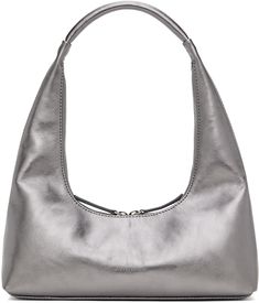 Foil-coated crinkled leather shoulder bag in metallic gunmetal tone. · Integrated shoulder strap · Logo embossed at face · Two-way zip closure · Patch pocket at interior · Logo-woven twill lining · H4.25 x W10.25 x D2.5 · Total height: H12 Supplier color: Metallic grey foiled Evening Shoulder Bag With Palladium Hardware In Metallic Silver, Metallic Silver Shoulder Bag With Palladium Hardware For Evening, Luxury Metallic Bags With Zipper Closure, Modern Silver Soft Leather Bag, Metallic Shoulder Bag With Silver-tone Hardware, Luxury Metallic Leather Evening Shoulder Bag, Metallic Evening Shoulder Bag With Zipper Closure, Silver Shoulder Bag With Zipper Closure For Evening, Metallic Shoulder Bag For Evening With Zipper