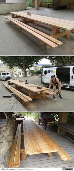 two pictures showing the process of building a picnic table