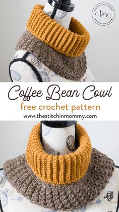 coffee bean cowl free crochet pattern on mannequin neck, with text overlay