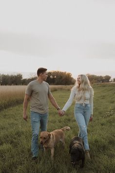 a man and woman holding hands while walking with two dogs in a field at sunset