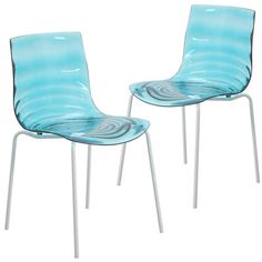 two blue chairs sitting next to each other