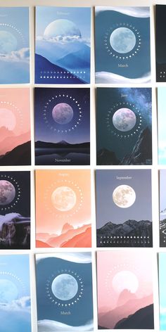 twelve moon images are arranged in rows on a white wall with mountains and blue sky