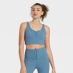 Women's Lace-Up Detail Ribbed Bra - JoyLab™ Blue M Solid Medium Support Sports Bra For Loungewear, Stretch Ribbed Sports Bra For Gym, Medium Support Ribbed Activewear For Yoga, Ribbed Activewear For Yoga With Medium Support, Fitted Ribbed Sports Bra For Gym, Casual Fitted Ribbed Sports Bra, Ribbed Sports Bra For Gym, Ribbed Medium Support Activewear For Workout, Athleisure Ribbed Sports Bra For Gym