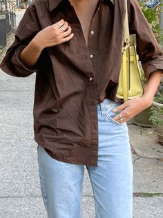 Oversized Brown Shirt For Workwear, Oversized Brown Shirt With Button Closure, Oversized Brown Shirt For Spring, Brown Long Sleeve Cotton Shirt, Classic Brown Shirt For Everyday, Brown Long Sleeve Shirt With Buttons, Trendy Oversized Brown Shirt, Brown Cotton Tops For Daywear, Oversized Brown Tops With Buttons