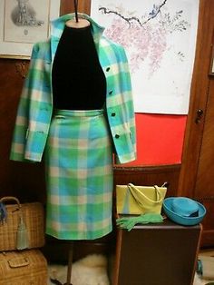 This super MOD 1960s set is made of 100% Virgin wool. 2~ Piece Skirt and Jacket Set. Shoulder to Shoulder: 15". Waist: 12". Sleeve Width: 9". Length: 25". Excellent condition. the numbers are not doubled where applicable. Retro Fitted Skirt Suit For Spring, Retro Fitted Skirt Suit, 50s Aesthetic Fashion, 1960 Clothes, 1960 Outfits, Skirt And Jacket Set, 1960s Skirt, 60s Skirt, 1960’s Fashion