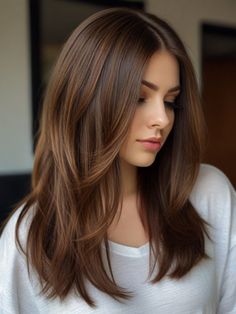 A classic, sleek layered hairstyle with a middle part adds sophistication and shine. Perfect for those looking to maintain length while embracing a fresh, polished vibe. 🌟 Professional Haircuts For Long Hair, Medium Length Brown Hair Straight, Long Haircut Fine Hair, Medium Length Haircut Middle Part, Long Cuts For Fine Hair, Layered Haircut For Fine Hair, Subtle Layers Medium Hair, 40 Yr Old Hairstyles, Cute Haircuts For Straight Hair