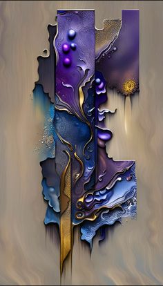 an abstract painting with blue, purple and gold colors