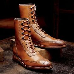 Handmade New Tan Brown High Ankle Rounded Wingtip Genuine Leather Lace up Boots sold by Leather Art 2020 on Storenvy Brogue Boots, Custom Design Shoes, Casual Ankle Boots, Ankle Boots Men, High Ankle Boots, Suede Leather Shoes, Leather Lace Up Boots, Formal Shoes, Handmade Shoes