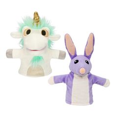 two stuffed animals one with a unicorn and the other as a horse, both have green hair