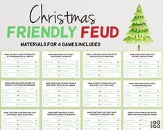 a christmas themed game with the words, friends and familyfud materials for 4 games included