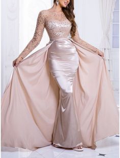 Sheath / Column Evening Gown Elegant Dress Formal Wedding Guest Sweep / Brush Train Long Sleeve Jewel Neck Satin with Ruched Sequin 2024 Dress Formal Wedding Guest, Gown Elegant, Formal Wedding Guests, Dresses Quinceanera, Dresses Formal Elegant, Evening Gowns Elegant, Evening Dresses Cocktail, Dress Formal, Jewel Neck