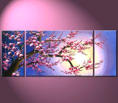 three paintings of pink flowers against a blue sky with the sun in the background, on a purple wall