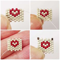 four different pictures showing how to make an ornament bead pattern with beads