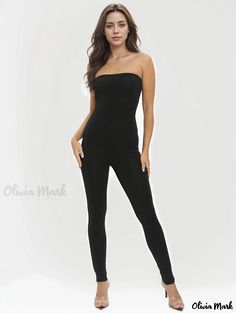 Olivia Mark - Sexy Tube Top Slim Jumpsuit, Casual Solid Sleeveless Waist Bodycon Jumpsuit, Women's Clothing Strapless Stretch Shapewear Bodysuit, Fitted Bandeau Bodysuit Shapewear, Sleeveless Bodysuit With Built-in Bra For Night Out, Black Strapless Seamless Bodysuit, Strapless Black Seamless Bodysuit, Fitted Sleeveless Bodysuit With Built-in Bra, Black Stretch Bandeau Bodysuit, Black Bandeau Stretch Bodysuit, Sleeveless Seamless Party Bodysuit