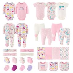 Brighten your day with The Pretty Sweet 30-Piece layette set by The Peanutshell. This cheerful collection features an array of fashionable nursery essentials made from soft and gentle fabrics to ensure maximum comfort for baby's delicate skin. Keep shining bright with our assortment of bodysuits, rompers, socks, hats, and pants. This jewel toned features a vibrant symphony of hearts, colorful rainbows, and pink daisies with accents of lavender, teal, and fuchsia throughout. You'll be over the ra Playful Purple Playtime Set, Newborn Layette, Cotton Baby Clothes, Pink Daisies, Target Baby, Keep Shining, Baby Layette, Layette Set, Nursery Essentials