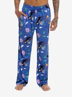 It's bedtime in the Land of Ooo. Reach for these pajama pants decorated with your fave Adventure Time characters  like Finn  Jake  BMO  Lumpy Space Princess and more. There are pockets and an elasticated  drawstring waist.92% cotton; 8% spandexWash cold; dry lowImportedListed in men'sunisex sizesModel is 6'1"Model wears size Medium Playful Sweatpants With Elastic Waistband For Loungewear, Cotton Sweatpants With Elastic Waistband For Sleepover, Blue Bottoms With Elastic Waistband For Sleepover, Casual Character Print Loungewear Bottoms, Cotton Bottoms With Character Print For Pajama Party, Playful Blue Pants With Pockets, Casual Loungewear Bottoms With Character Print, Casual Cartoon Print Pants For Loungewear, Cotton Lounge Pants With Character Print