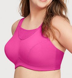 Wear this comfortable sports bra for full coverage and limited bounce. Reinforced wire-free cups provide excellent support. Made of polyester, nylon and elastane. Wireless, multi-part cups with angled seams for shape have non-stretch fabric at top and ultra-light padding at bottom for support. Open mesh panel at center of neckline provides breathability and coverage. Moisture-wicking fabric keeps you cool and dry. Sewn-on elastic underband for secure hold. Ventilated athletic mesh underside for To Be A Woman, Best Bras, Comfortable Bras, Moisture Wicking Fabric, Leotards, Custom Fit, Stretch Fabric, Violet, Sports Bra