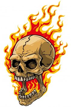 a human skull with flames in the background