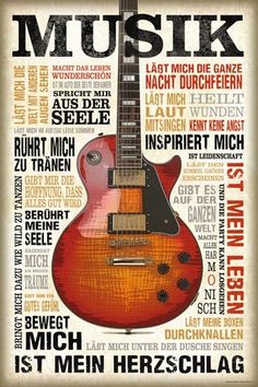 a guitar with words written in different languages