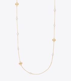 Kira Pearl Delicate Long Necklace: Women's Designer Necklaces | Tory Burch Pearl Long Necklace Designs, Classic Layering Pearl Necklace, Elegant Pearl Necklace With Adjustable Chain For Layering, Elegant Gold Long Necklace With Pearl Chain, Long Pearl Necklace With Delicate Chain, Long Necklace Designs, Tory Burch Necklace, Wishlist 2022, Pearl Long Necklace