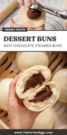 a person holding a chocolate filled bun in their hand with the words desert buns on it