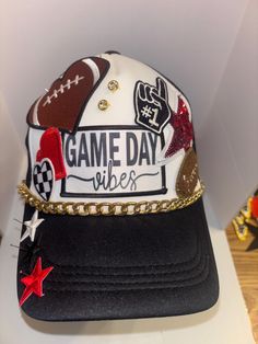 Football Game Day Vibes themed Trucker Patch Hat. Message me your school colors.  These are the hottest trend on social media today. Great for festivals, concerts, night life and everyday wear. This foam trucker hat is fully adjustable and offered in hat colors Black, White, Light Pink, Neon Pink, Neon Yellow and Green Camouflage. Custom Hats avail. One size fits all. $35 Small Print: patch, mama, cowboy, hat, faith, rock and Roll, trucker, patch, cap, chain, iron on, sew on, festival, concert, Ladies Football Hat, Fun Adjustable Baseball Cap For Streetwear, Trendy Snapback Hat For Sports Events, Fun Adjustable Hat With Graphic Print, Fun Adjustable Graphic Print Hat, Trendy Adjustable Snapback Hat For Sports Events, Fun Snapback Hat With Letter Print For Streetwear, Trendy Snapback Baseball Cap For Sports Events, Trendy Snapback Baseball Cap For Sports