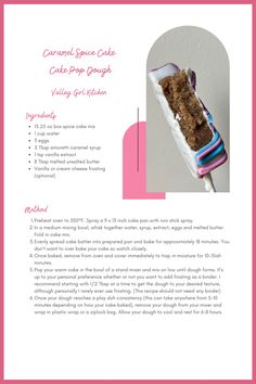 the recipe for cake pops is shown in pink and white, with an image of a piece