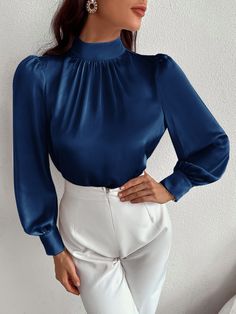 Navy Blue Elegant  Long Sleeve Satin Plain Top Embellished Non-Stretch Spring/Fall Women Tops, Blouses & Tee Women Blouses Fashion Classy, Formal Tops For Women, Formal Blouses, Ropa Upcycling, Classy Blouses, Formal Tops, Women Blouses Fashion