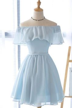 Cute Off the Shoulder Light Blue Short Dress Light Blue Homecoming Dresses, Light Blue Homecoming Dress, Prom Dresses Short Blue, Simple Party Dress, Simple Homecoming Dresses, Short Graduation Dresses, School Dance Dresses, Formal Dresses For Teens, Blue Homecoming Dresses