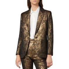 Brand New With Tags Size 36 Designer Festive Blazer For Workwear, Festive Elegant Blazer For Workwear, Festive Elegant Workwear Suits, Chic Formal Blazer For Festive Occasions, Designer Tailored Gold Blazer, Luxury Festive Blazer For Workwear, Gold Blazer, Fitted Blazer Jacket, Peplum Blazer