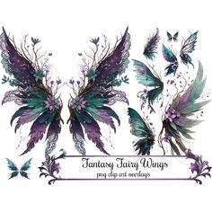 an image of fantasy wings with purple flowers and leaves on white background, watercolor painting