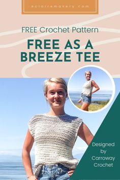 a woman is standing in front of the ocean with her hands on her hips, and text that reads free crochet pattern