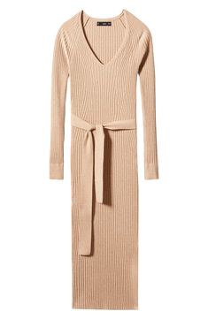 A tie-belt hugs your curves beautifully in this long-sleeve sweater-dress designed with soft ribbing and an easy side slit. Slips on over head V-neck Long sleeve Removable tie belt Side slit Unlined 49% viscose, 29% polyester, 22% polyamide Hand wash, line dry Imported Beige Knit Dress, Midi Sweater Dress, Calf Length Dress, Ribbed Knit Dress, Long Sleeve Sweater Dress, Sweater Dress Midi, Bodycon Fashion, Knit Mini Dress, Knit Midi