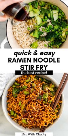 an easy ramen noodle stir fry recipe in a bowl with chopsticks